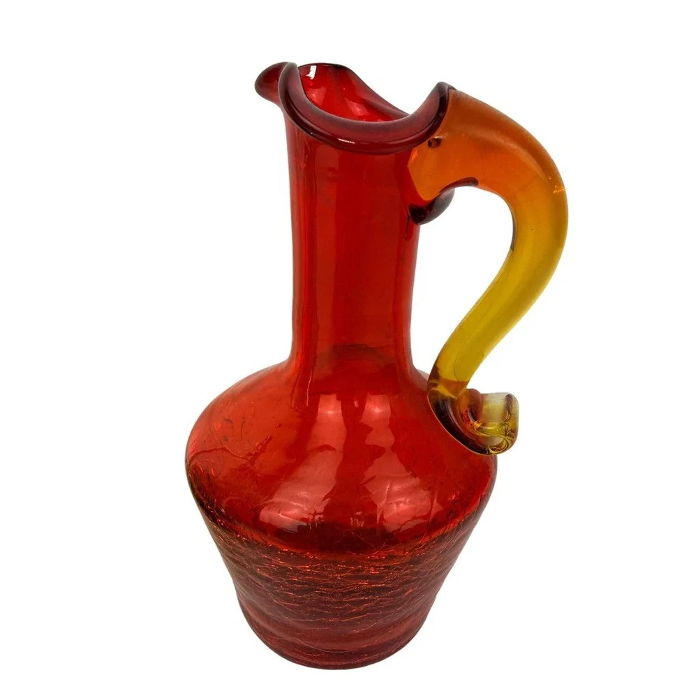 Vintage Crackle Glass Miniature Pitcher Set 4 Rainbow Mid Century Art Glass Vase